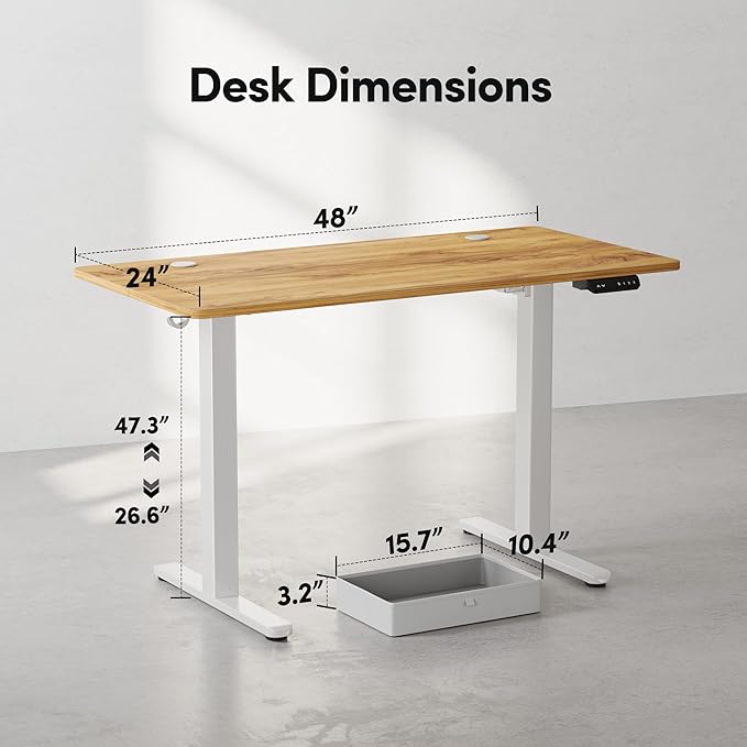 BANTI Electric Standing Desk with Drawer, Adjustable Height Sit Stand Up Desk, Home Office Desk Computer Workstation, 48x24 Inches, Ligh Vintage Brown - LeafyLoom