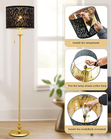 Luvkczc Traditional 60" Tall Standing Lamp for Living Room with Gothic Lampshade&Pull Chain - Tall Corner Reading Standing Lamp for Bedroom, Office, Home Decor (Bulb Included) - LeafyLoom