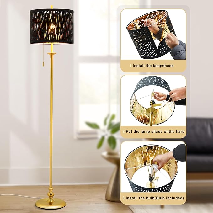 Luvkczc Traditional 60" Tall Standing Lamp for Living Room with Gothic Lampshade&Pull Chain - Tall Corner Reading Standing Lamp for Bedroom, Office, Home Decor (Bulb Included) - LeafyLoom