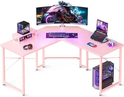 Casaottima L Shaped Gaming Desk with Monitor Stand, Corner Desk Gaming Table for Home Office, Computer Desk Sturdy Writing Workstation for Small Space, 51 inch, Carbon Fiber Surface, Pink - LeafyLoom