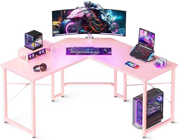 Casaottima L Shaped Gaming Desk with Monitor Stand, Corner Desk Gaming Table for Home Office, Computer Desk Sturdy Writing Workstation for Small Space, 51 inch, Carbon Fiber Surface, Pink - LeafyLoom