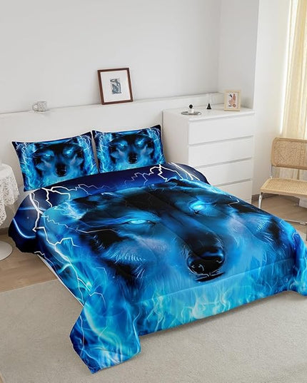 Wolf Bedding Set Safari Animal Pattern Comforter Cool Wildlife Style Comforter Set for Boys Girls Kids Room Decor Glitter Blue Wild Wolf Lightweight Duvet Set Full Size with 2 Pillow Case - LeafyLoom