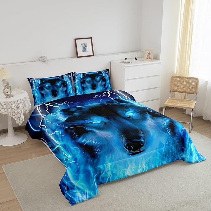 Wolf Bedding Set Safari Animal Pattern Comforter Cool Wildlife Style Comforter Set for Boys Girls Kids Room Decor Glitter Blue Wild Wolf Lightweight Duvet Set Full Size with 2 Pillow Case - LeafyLoom
