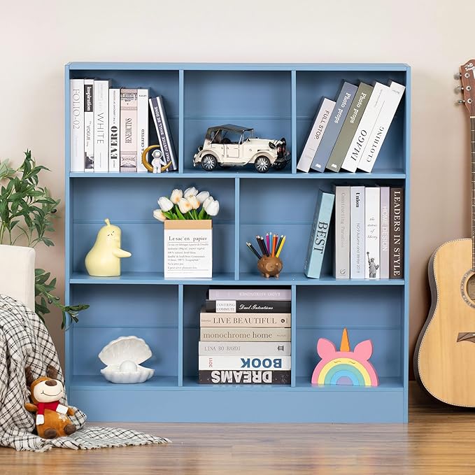 YAHARBO 3 Tier Bookshelf,Wide Kids Horizontal Bookcase,8 Cube Blue Book Shelf,Large Display Toy Storage Cabinet with Base,Floor Standing Modern Bookcases Organizer for Bedroom,Nursery,Playroom - LeafyLoom