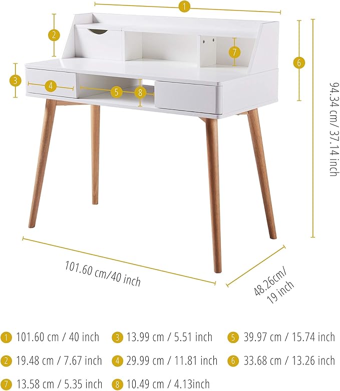 Teamson Home Creativo Writing Study Computer Desk with Solid Wood Legs, Storage Drawers and Open Shelves Hutch for Home Office Living Room Reading Bedroom, 37 inch Height, White - LeafyLoom