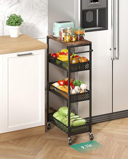 Slim Storage Cart 4 Tier Fruit and Vegetable Baskets for Kitchen Small Space, Narrow Rolling Cart on Wheels with Wooden Top and Metal Handle for Pantry, Bathroom, Laundry Room - LeafyLoom