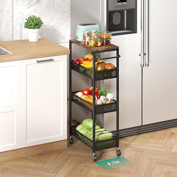 Slim Storage Cart 4 Tier Fruit and Vegetable Baskets for Kitchen Small Space, Narrow Rolling Cart on Wheels with Wooden Top and Metal Handle for Pantry, Bathroom, Laundry Room - LeafyLoom