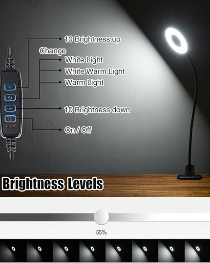 Clamp on Lamp, Desk Lamps, 8W Clip Light, Warm & Daylight & White Light 3 Colors, 10 Dimmable Illumination Modes (Black) - LeafyLoom