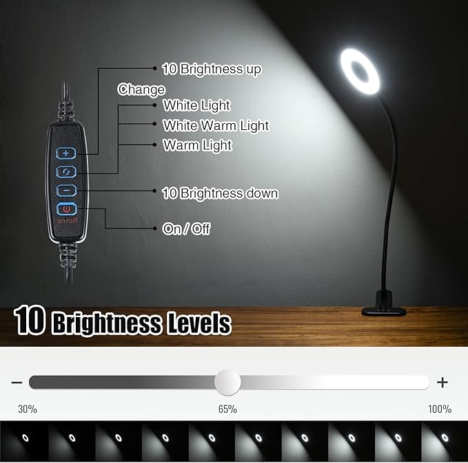 Clamp on Lamp, Desk Lamps, 8W Clip Light, Warm & Daylight & White Light 3 Colors, 10 Dimmable Illumination Modes (Black) - LeafyLoom