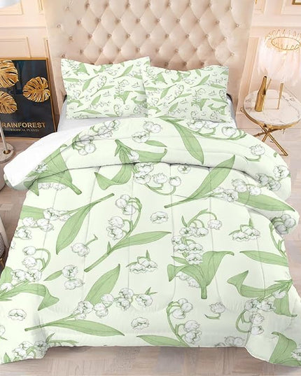 kxry Green Flower Comforter Sets Bedding Sets Full Size Comforter Set for Girls Women Kids 1 Comforter + 2 Pillow Case - LeafyLoom