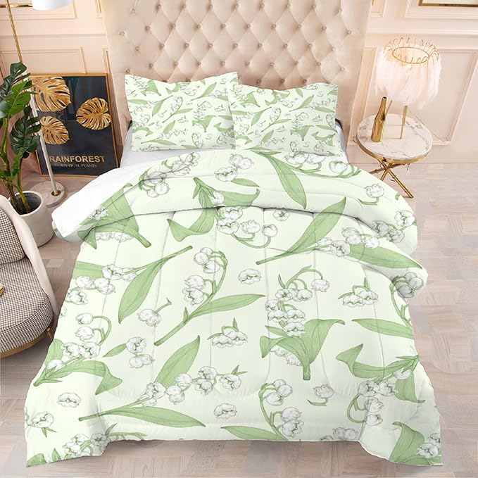 kxry Green Flower Comforter Sets Bedding Sets Full Size Comforter Set for Girls Women Kids 1 Comforter + 2 Pillow Case - LeafyLoom