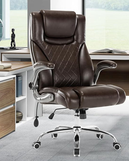 Executive Office Chair Desk Swivel Chair High Back Computer Chair - Adjustable Lumbar Support with Flip-Up Arms PU Leather Chair with Spring Cushion (Brown) - LeafyLoom