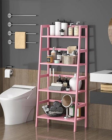 Homykic Bamboo Ladder Bookshelf, 4-Tier Ladder Shelf Open Book Shelf Freestanding Bookcase Bathroom Storage Rack Plant Stand for Living Room, Bedroom, Office, Easy Assembly, Pink - LeafyLoom