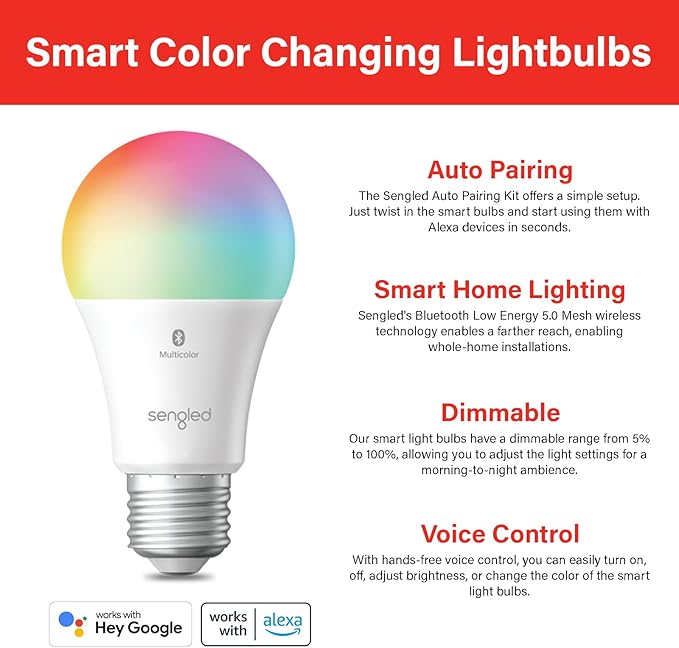 Sengled Smart Light Bulbs, Color Changing Alexa/Bluetooth Mesh, Dimmable LED Bulb A19 E26 Multicolor, High CRI, High Brightness, 8.7W 800LM, 1Pack Sengled