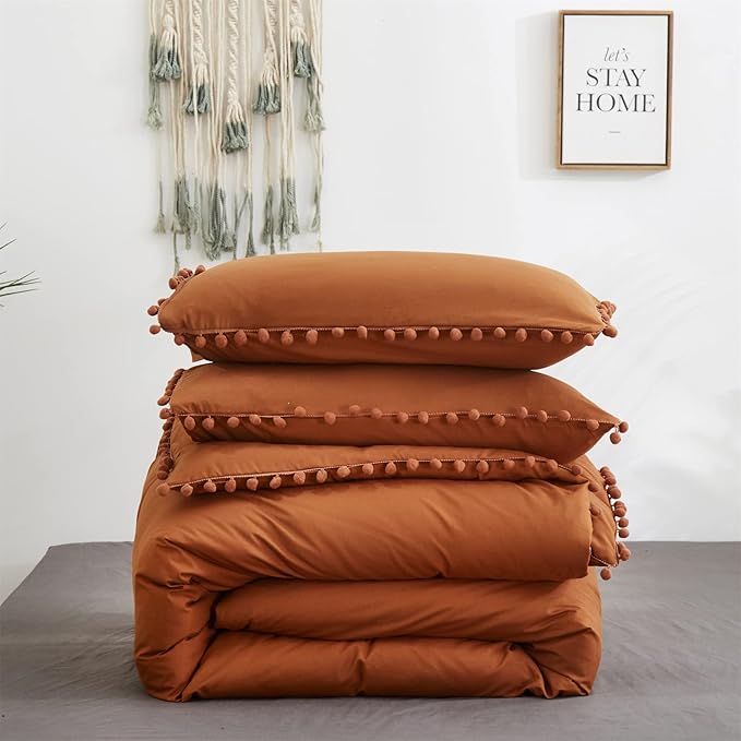 Pumpkin Comforter Set King Burnt Orange Pom Comforter 3 Pieces Pumpkin Color Boho Ball Pom Fringe King Comforter Bedding Set Women Solid Pumpkin King Bed Comforter Set All Season Gift - LeafyLoom