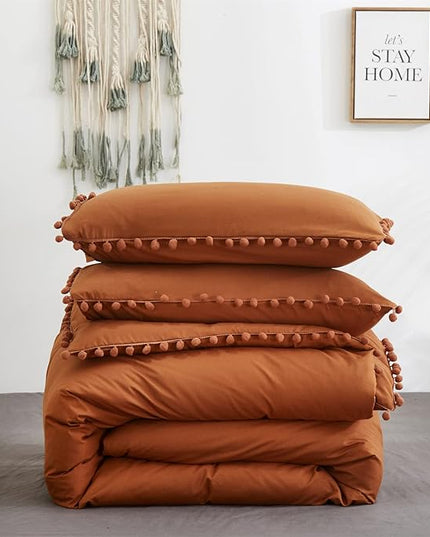 Pumpkin Comforter Set Full Burnt Orange Pom Comforter 3 Pieces Pumpkin Color Boho Ball Pom Fringe Full Comforter Bedding Set Women Solid Pumpkin Full Bed Comforter Set All Season Gift - LeafyLoom