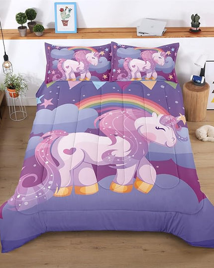 Unicorn Twin Bedding Sets for Girls Kids Comforter Set Twin Size with 2 Pillowcases Purple Rainbow Glittering Unicorn Room Decor for Girls Bedroom Ultra Soft Machine Washable Toddler Bed Set - LeafyLoom