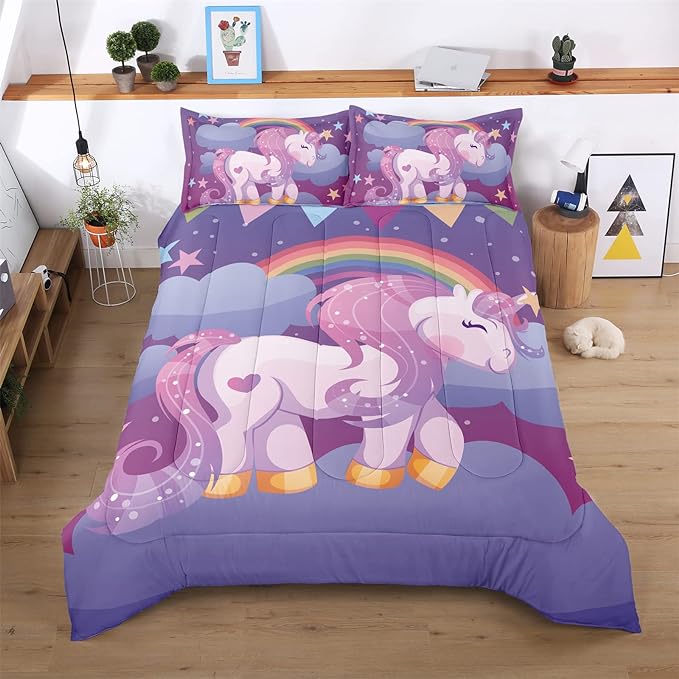 Unicorn Twin Bedding Sets for Girls Kids Comforter Set Twin Size with 2 Pillowcases Purple Rainbow Glittering Unicorn Room Decor for Girls Bedroom Ultra Soft Machine Washable Toddler Bed Set - LeafyLoom