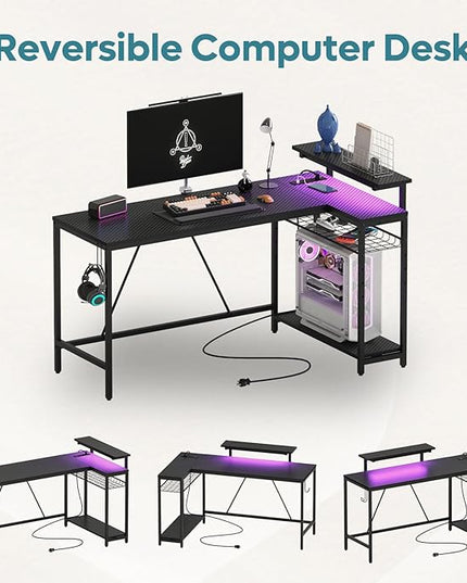 Bestier 58 L Shaped Gaming Desk with LED Lights & Power Outlets,Reversible Home Office Corner Desk with Shelves,Larger PC Workstation with Hooks for Studying,Desk for Bedroom,Carbon Fiber Black - LeafyLoom