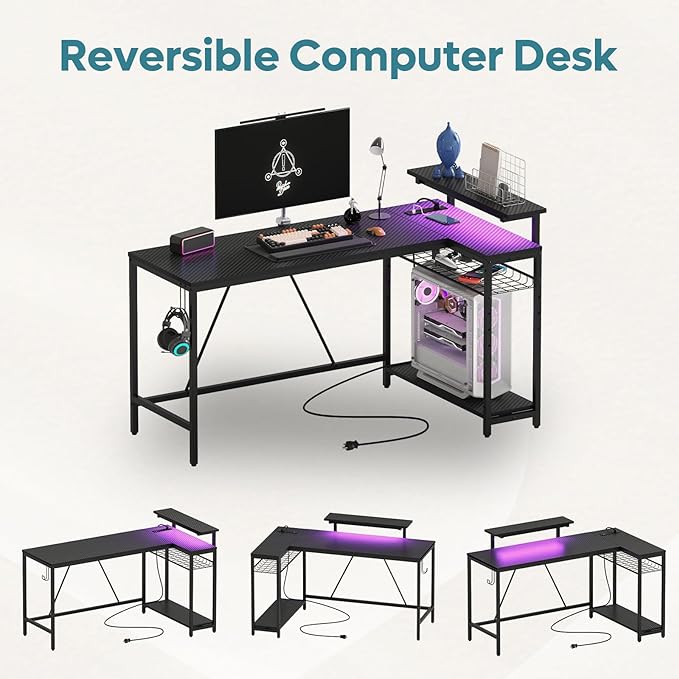 Bestier 58 L Shaped Gaming Desk with LED Lights & Power Outlets,Reversible Home Office Corner Desk with Shelves,Larger PC Workstation with Hooks for Studying,Desk for Bedroom,Carbon Fiber Black - LeafyLoom