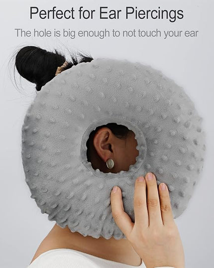 Ear Piercing Pillow for Side Sleeping, CHN Pillow with Hole for Side Sleepers Ear Pain Inflammation Pressure Sores O-Shaped Donut Guard Minky Dot Gray - LeafyLoom