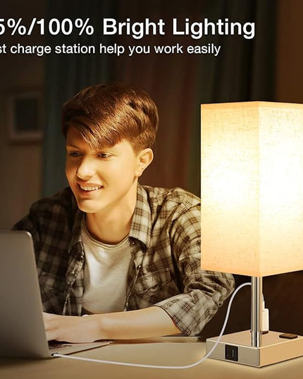 Off White Set of 2 Touch Lamp with USB Port-Nightstand Lamp with USB-C+A Charge Ports& AC Outlets, 3-Way Dimmable Bedside Lamp with Shade,Small Table Lamp for Bedroom Guest Room( Bulb Included) - LeafyLoom