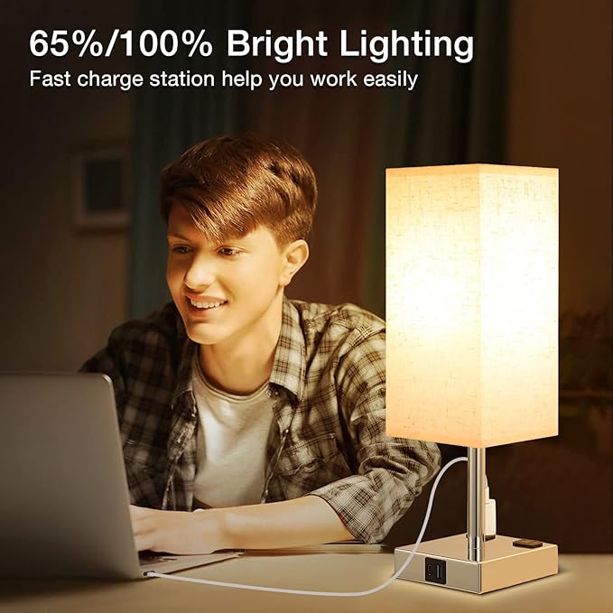 Off White Set of 2 Touch Lamp with USB Port-Nightstand Lamp with USB-C+A Charge Ports& AC Outlets, 3-Way Dimmable Bedside Lamp with Shade,Small Table Lamp for Bedroom Guest Room( Bulb Included) - LeafyLoom