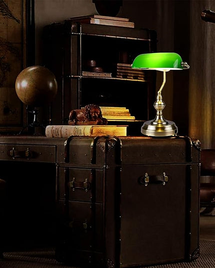 Green Glass Bankers Desk Lamp,Vintage Desk Lamp Touch Control, 3 Way Dimmable Table Lamp with USB Charging Port, Mid Century Banker's Desk Lamp for Home Office Library Antique Brass - LeafyLoom