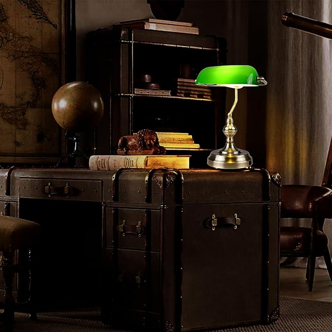 Green Glass Bankers Desk Lamp,Vintage Desk Lamp Touch Control, 3 Way Dimmable Table Lamp with USB Charging Port, Mid Century Banker's Desk Lamp for Home Office Library Antique Brass - LeafyLoom