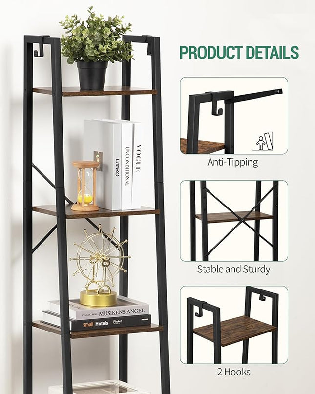 Ladder Shelf, Bookshelf Bookcase, Freestanding Corner Storage Shelve with 2 Hooks for Home Office, Living Room, Kitchen, Bedroom, Industrial, 5-Tier Rustic Brown BC03201B - LeafyLoom