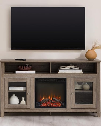 Walker Edison Glenwood Rustic Farmhouse Glass Door Highboy Fireplace TV Stand for TVs up to 65 Inches, 58 Inch, Driftwood - LeafyLoom