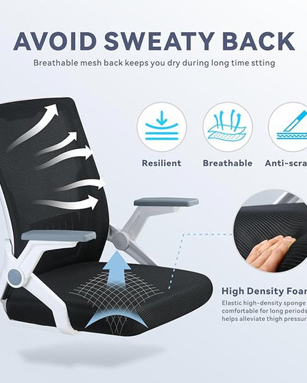 COMHOMA Office Chair with Flip-up Armrests Ergonomic Computer Desk Chair Foldable Mesh Task Chair with Wheels Adaptive Lumbar Support Swivel Tilt Comfortable Study Chair for Student, White - LeafyLoom