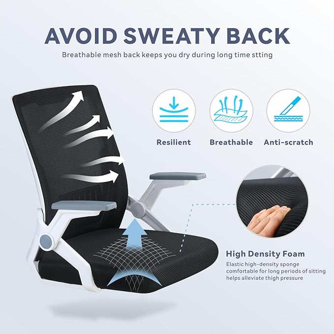COMHOMA Office Chair with Flip-up Armrests Ergonomic Computer Desk Chair Foldable Mesh Task Chair with Wheels Adaptive Lumbar Support Swivel Tilt Comfortable Study Chair for Student, White - LeafyLoom