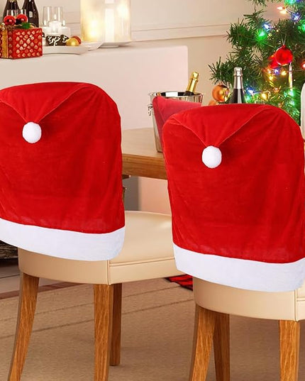Christmas Chair Covers Set of 4,Red and White Santa Claus Hat Chair Back Covers for Xmas Holiday Festival Indoor Kitchen Bar Counter Stools Decorations Dining Room Table Decor Satxtrem
