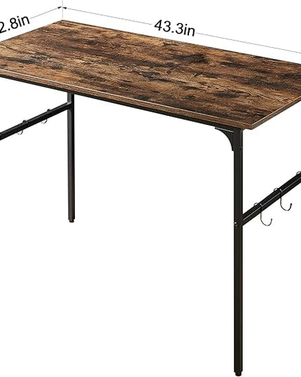 VECELO 44" Computer Writing Desk for Home Office, Study Table Workstation for Small Spaces with 6 Hooks & Adjustable Legs, Metal Frame,Brown, 44Inches - LeafyLoom