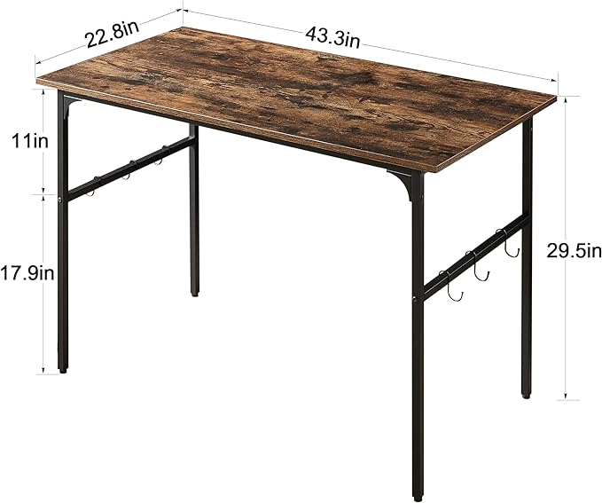 VECELO 44" Computer Writing Desk for Home Office, Study Table Workstation for Small Spaces with 6 Hooks & Adjustable Legs, Metal Frame,Brown, 44Inches - LeafyLoom