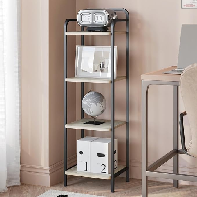 Bookcase Bookshelf, Narrow Book Shelf, Industrial Coner Shelf Storage Organizer, Slim Shelving Unit for Home Office, Living Room, Bedroom, Kitchen, 4-Tier Greige BC24405B - LeafyLoom