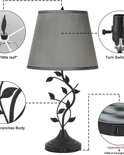 Kakanuo Table Lamp Bedside Lamp with USB C Charging Ports, Grey Traditional Nightstand Lamp for Living Room, Desk Lamp Large Retro Table Lamp for Bedroom - LeafyLoom