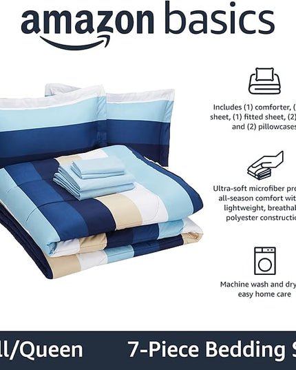 Amazon Basics Lightweight Microfiber Bed-in-a-Bag Comforter 7-Piece Bedding Set, Full/Queen, Blue Stripe, Striped - LeafyLoom