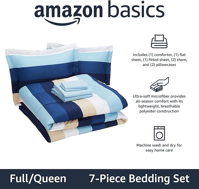 Amazon Basics Lightweight Microfiber Bed-in-a-Bag Comforter 7-Piece Bedding Set, Full/Queen, Blue Stripe, Striped - LeafyLoom