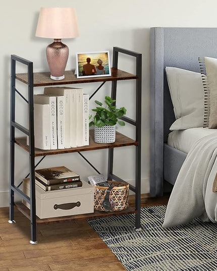 TooCust 3 Tier Open Book Shelf, 37" x 23" x 10.8" 3 Tier Wood Bookshelf, 3 Shelf Bookcase, Vintage Standing Metal Frame Book Shelves, Rustic Brown - LeafyLoom