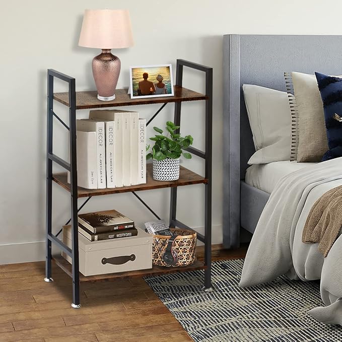 TooCust 3 Tier Open Book Shelf, 37" x 23" x 10.8" 3 Tier Wood Bookshelf, 3 Shelf Bookcase, Vintage Standing Metal Frame Book Shelves, Rustic Brown - LeafyLoom