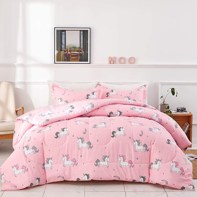 UOZZI BEDDING Bed in a Bag 7 Pieces King Size Unicorn Pink with Rainbow Star - Soft Microfiber, Reversible Bed Comforter Set (1 Comforter, 2 Pillow Shams, 1 Flat Sheet, 1 Fitted Sheet, 2 Pillowcases) - LeafyLoom