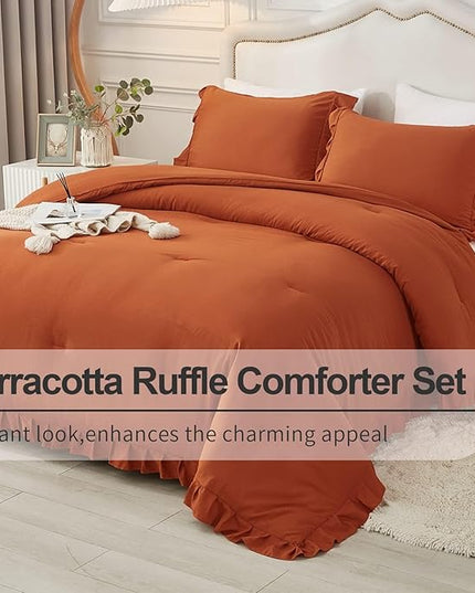 Andency California King Comforter Set Burnt Orange (104x96Inch), 3 Pieces Cal King Ruffle Comforter, Oversized Farmhouse Shabby Chic Bed Comforter, Lighteweight and Soft Microfiber Bedding Set - LeafyLoom