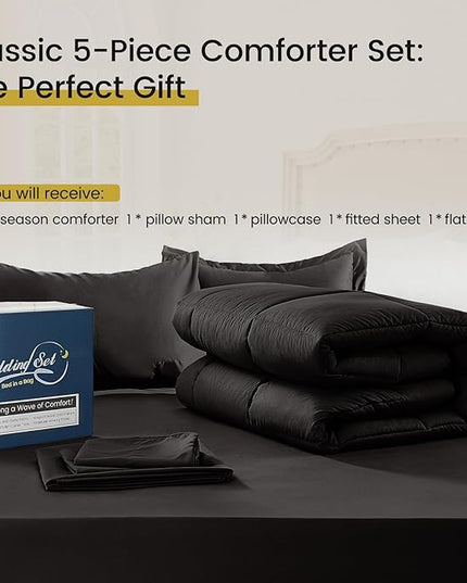 Twin Bed in a Bag 5 Pieces Comforter Set Twin, Wood Grain Texture Comforter Set Black Bed Set with Comforter, Pillowcase, Flat Sheet, Fitted Sheet and Pillow Sham - LeafyLoom
