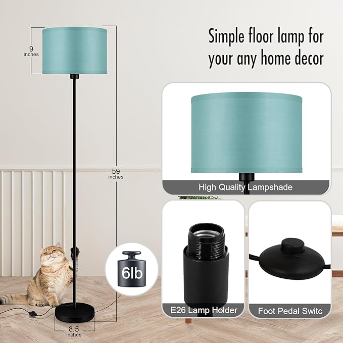 BoostArea Floor Lamp Standing Lamp, LED Floor Lamp with 3 Dimmable Levels, Simple Floor Lamp with Linen Lampshade, On/Off Footswitch, Black Floor Lamps for Living Room/Bedroom, Green(without Bulb) - LeafyLoom