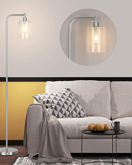 QiMH Industrial Floor Lamp for Living Room, Modern Standing Lamp with HD Glass Lampshade and Pedal Switch, 67” Tall Pole Light for Bedroom Study Room, Brushed Silver (2700K LED Bulb Included) - LeafyLoom