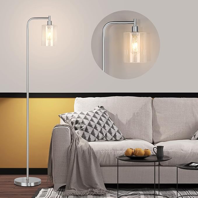 QiMH Industrial Floor Lamp for Living Room, Modern Standing Lamp with HD Glass Lampshade and Pedal Switch, 67” Tall Pole Light for Bedroom Study Room, Brushed Silver (2700K LED Bulb Included) - LeafyLoom