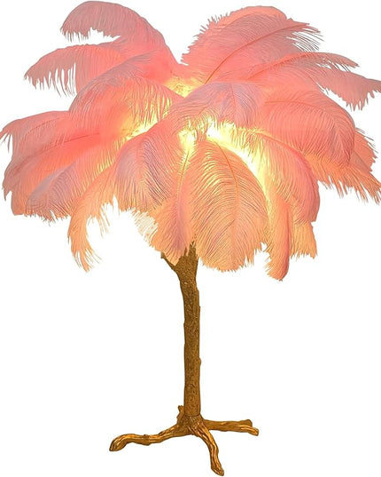 Ostrich Feather Desk Lamp Bedside Pink Cute Lamp Gold Resin Table Lamp, Coconut Tree Feather Lamp for Bedroom Living Room Hallway Wedding Girls Bedroom Night Light G4 Base - LeafyLoom
