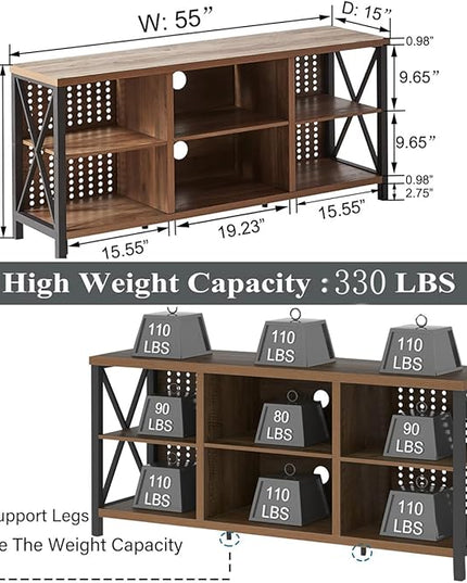 LVB Rustic Entertainment Center for 65 Inch TV, Industrial Wood and Metal TV Stand with Storage Shelf, Modern Television Media Console Table with Cabinet for Living Room Bedroom, Rustic Oak, 55 Inch - LeafyLoom